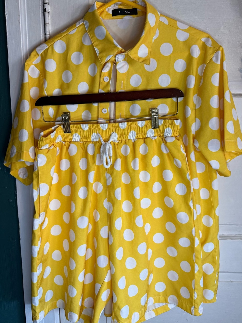 Yellow Polka Dot Short Set with White Dots. Size M